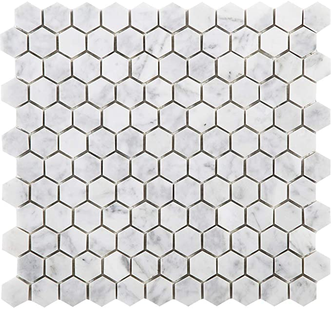 White Carrara 1" Hexagon Polished